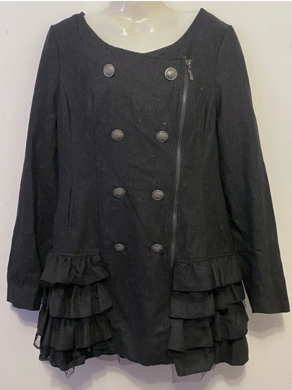 Charcoal Ruffle-Hem Double-Breasted Military Button Style Jacket